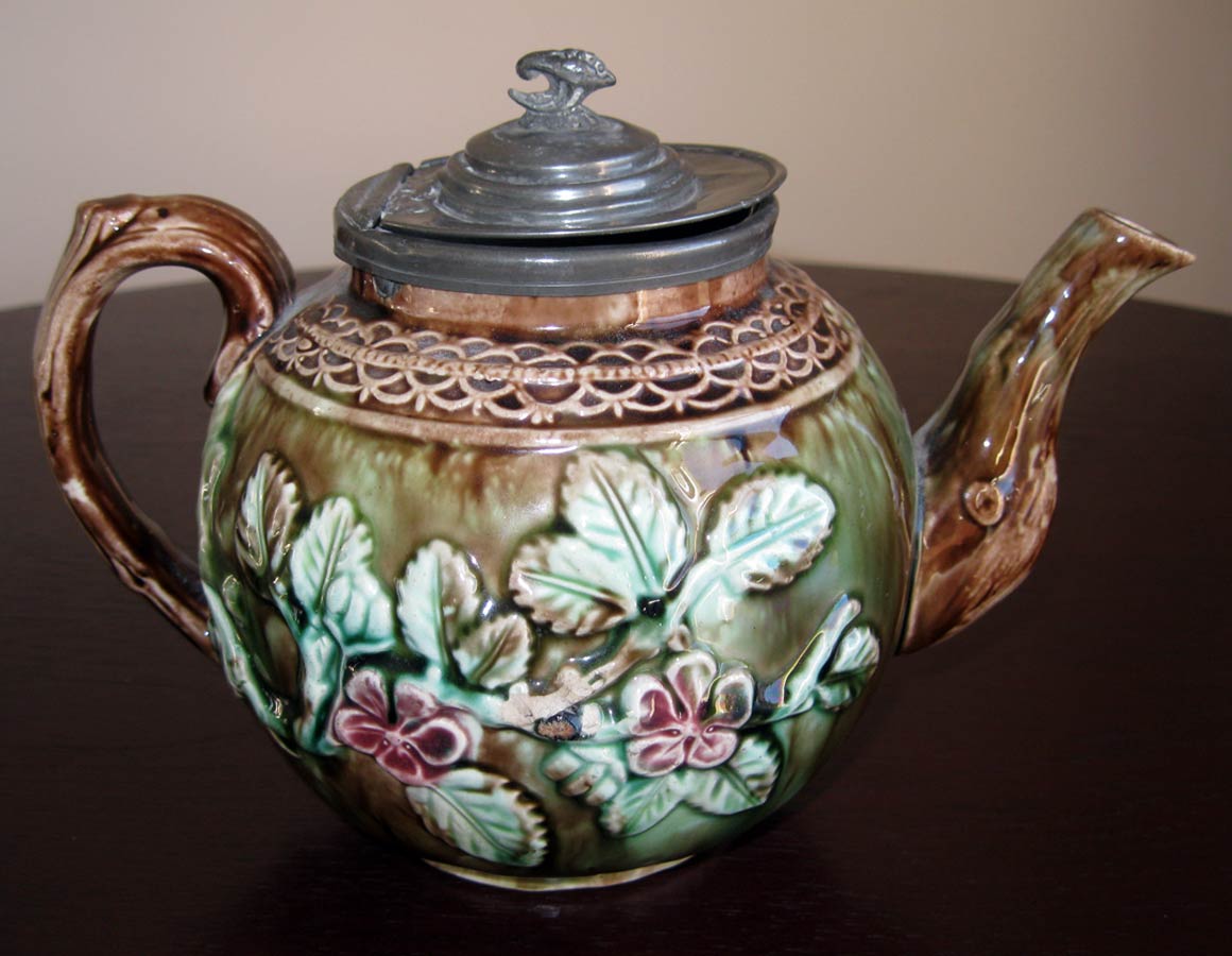 Gorgeous Antique Majolica Tea Pot Cherry Blossoms Pewter Lid  